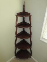 Mahogany Corner Etagere Display Heavily Carved Scroll Foliage & Finial-Approx 64"H