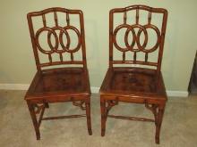 Pair Simulated Bamboo Beautiful Interlocking Trio Ring Arched Back w/Floral Spray Seat/Trim