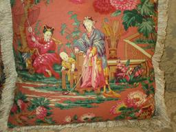 Set of 4 Chinoiserie Chinese Garden/Courtyard Scene Fringe Accent Pillows w/Feathers Filling