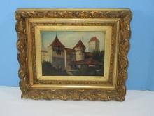 Rare Find Early Oil on Board Chillon Castle Medieval Castle in Veytauz, Switzerland Artist Signed