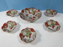 Early 6pc Porcelain Hand Painted Master Bowl w/5 Matching Individual Bowls Chinese Coral