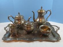 7pc International Silver Co. Wilcox Silverplate Rochelle Tea Set w/Waste Bowl & Rectangular