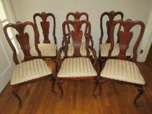 Set of 6 American Drew Furniture Cherry Urn Splat Back Carved Chairs w/Damask Upholstered