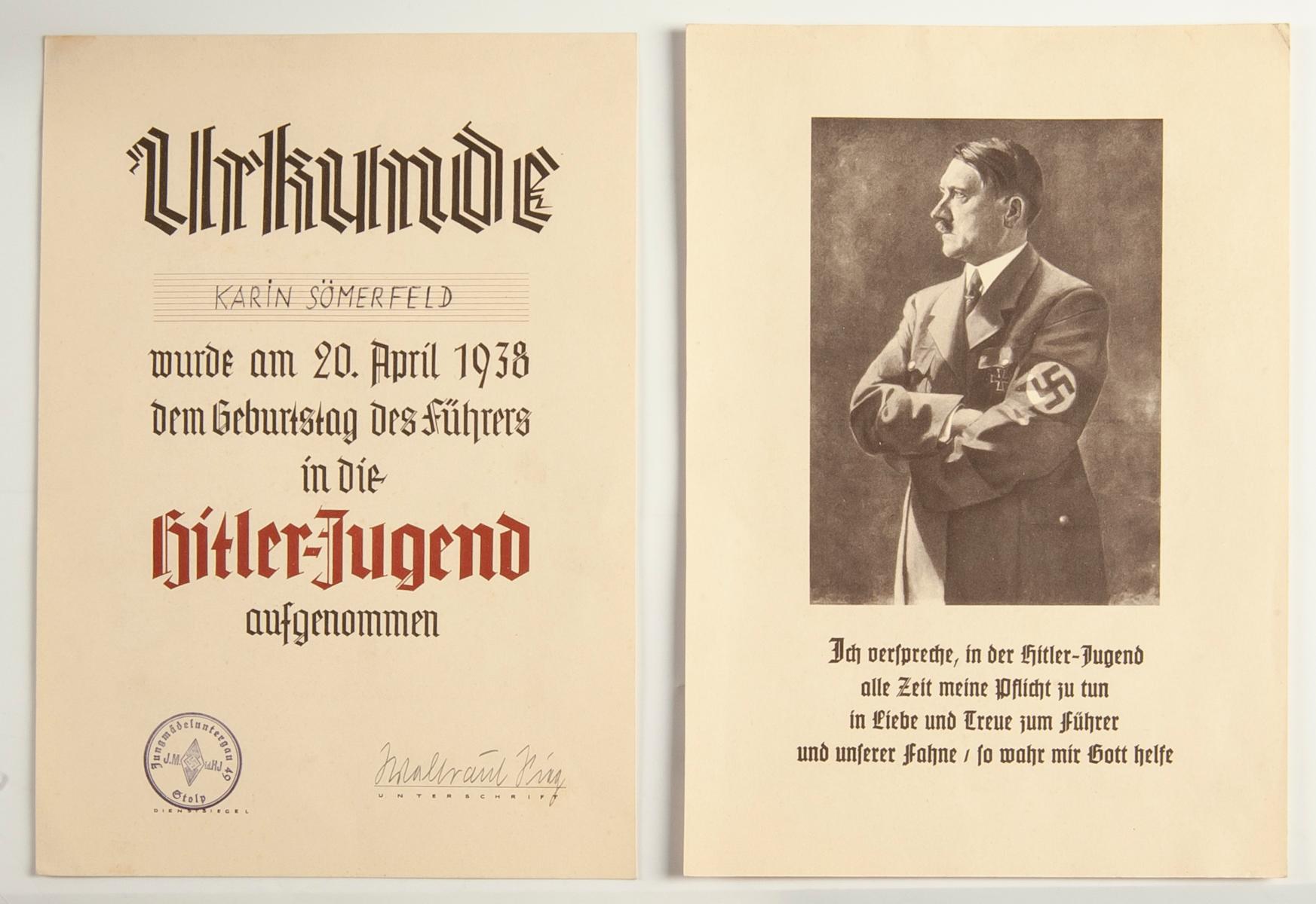 Rare Hitler Portrait & Hitler Youth 1938 Document