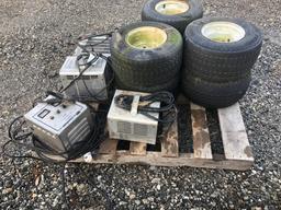 (6) Golf Cart Tires and Rims and (4) Chargers