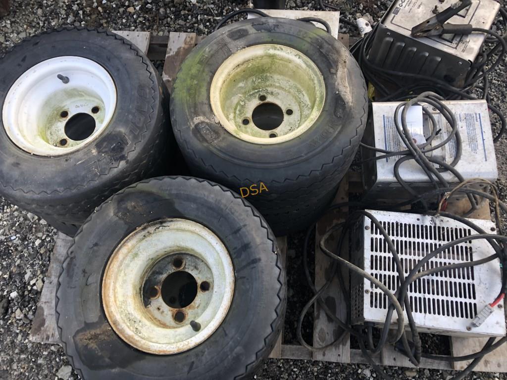 (6) Golf Cart Tires and Rims and (4) Chargers
