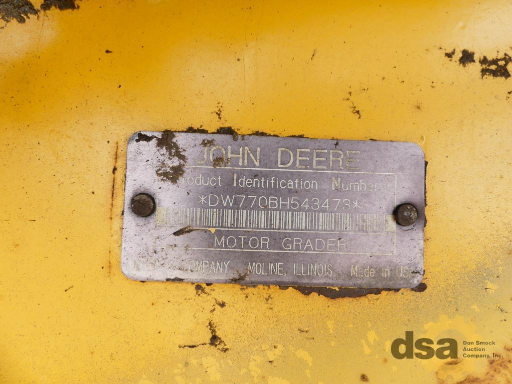 1993 Deere 770BH Motor Grader, S/N DW770BH543473, Cab, Heat, 12' Moldboard, Meter Reads 7,205 Hours