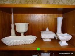 (DR) SHELF LOT OF MILK GLASS. INCLUDES A LIDDED CANDY DISH, A COMPOTE, A CANDLE HOLDER 6'' TALL, A