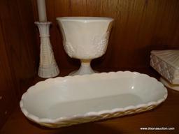 (DR) SHELF LOT OF MILK GLASS. INCLUDES A LIDDED CANDY DISH, A COMPOTE, A CANDLE HOLDER 6'' TALL, A