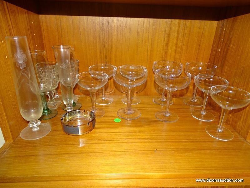 (DR) MISC. LOT THAT INCLUDES 2 ETCHED GLASS BUD VASES, 2 CHAMPAIGN FLUTES, 9 MARTINI GLASSES, ETC.