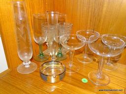 (DR) MISC. LOT THAT INCLUDES 2 ETCHED GLASS BUD VASES, 2 CHAMPAIGN FLUTES, 9 MARTINI GLASSES, ETC.