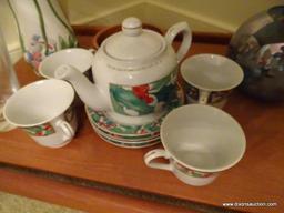 (DR) ALL CONTENTS ON TEA CADDY. INCLUDES A DAY SPRING TEA SET FOR 4, A EASTER VASE, A RUFFLED EDGE