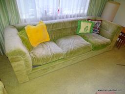 (FR) GREEN UPHOLSTERED 3 CUSHION SOFA. DOES SHOW SOME FADING BUT IN OTHER WISE VERY GOOD CONDITION.