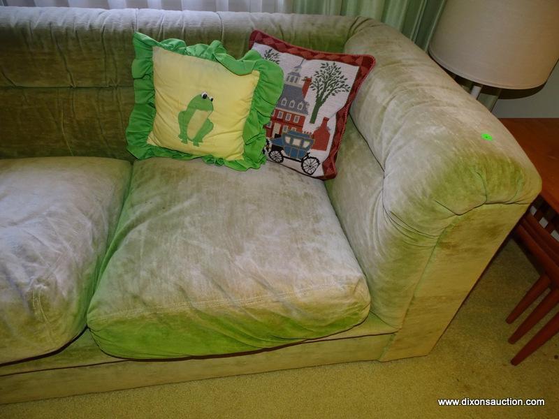 (FR) GREEN UPHOLSTERED 3 CUSHION SOFA. DOES SHOW SOME FADING BUT IN OTHER WISE VERY GOOD CONDITION.