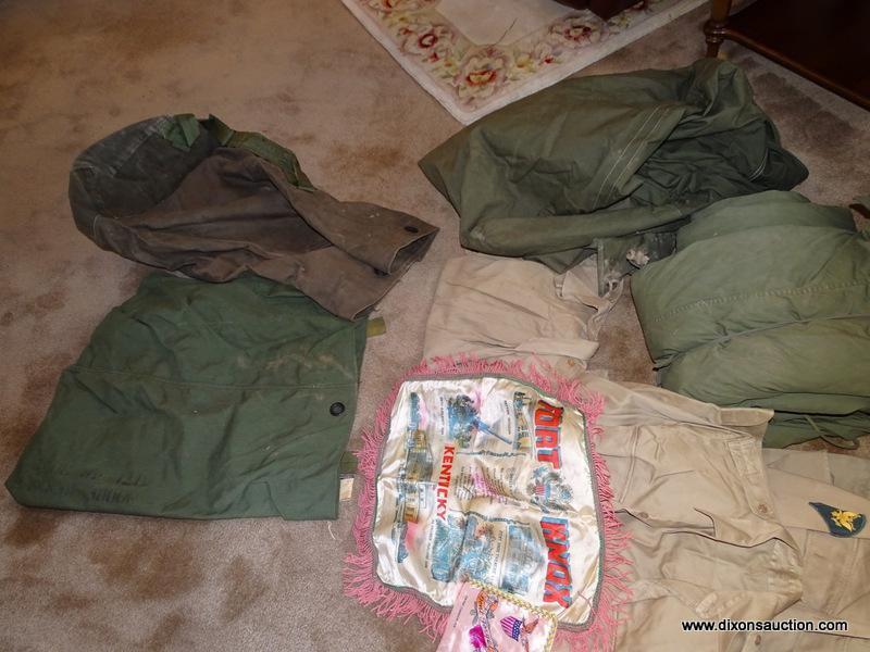 (FR) LARGE LOT OF ARMY CLOTHING LOCATED IN THE TRUNK IN FAMILY ROOM (#25) INCLUDES, ARMY JACKET W/