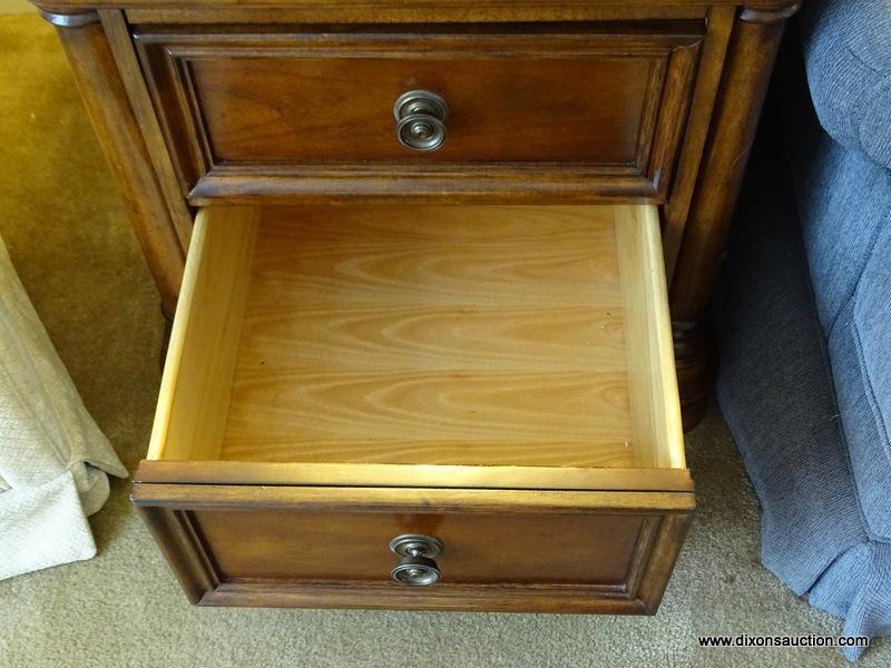 (FR) PAIR OF BASSETT BROWN MAHOGANY FINISH LAMP TABLES, HAS PULL OUT TRAY, TWO DRAWERS, IS SETUP SO