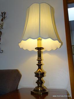 (FR) PAIR OF LARGE BRASS CANDLESTICK LAMPS, HAS LARGE SHADES 20''H, LAMP IS 39 1/2''H