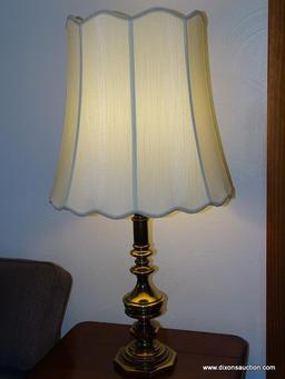 (FR) PAIR OF LARGE BRASS CANDLESTICK LAMPS, HAS LARGE SHADES 20''H, LAMP IS 39 1/2''H