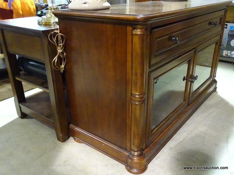 (W1) WHALEN CHERRY BANDED CREDENZA WITH 3" BANDED TOP. HAS 1 CENTER DRAWER. HAS 2 LOWER BEVELED