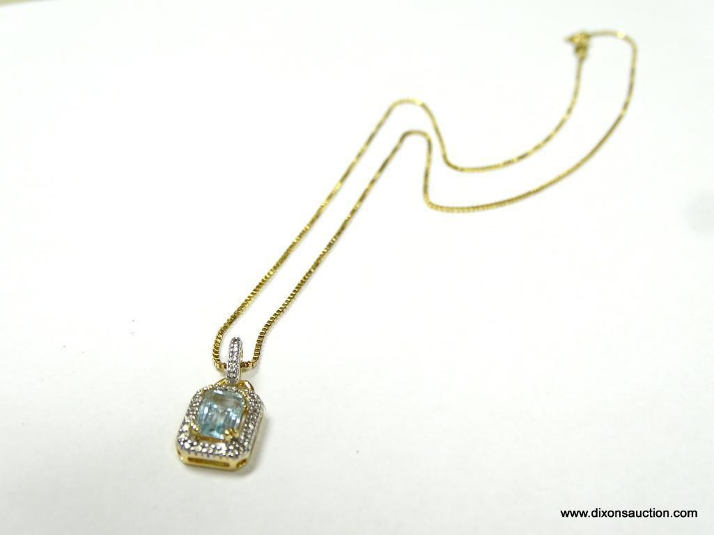 14K YELLOW GOLD 18" BOX CHAIN WITH 1 CT. BLUE TOPAZ PENDANT, 3.7 GRAMS.