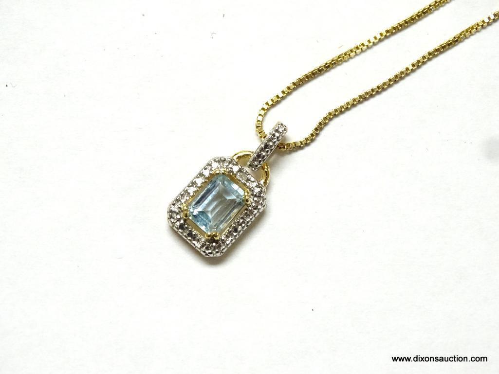14K YELLOW GOLD 18" BOX CHAIN WITH 1 CT. BLUE TOPAZ PENDANT, 3.7 GRAMS.