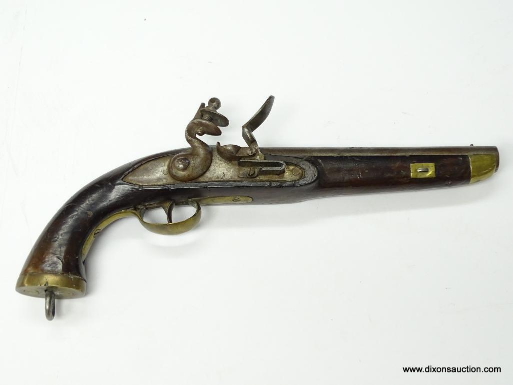 (SC) FLINTLOCK PISTOL HALLMARKED E/LG ON TOP OF THE BARREL. HAS A BRASS TRIGGER GUARD AND BUTT