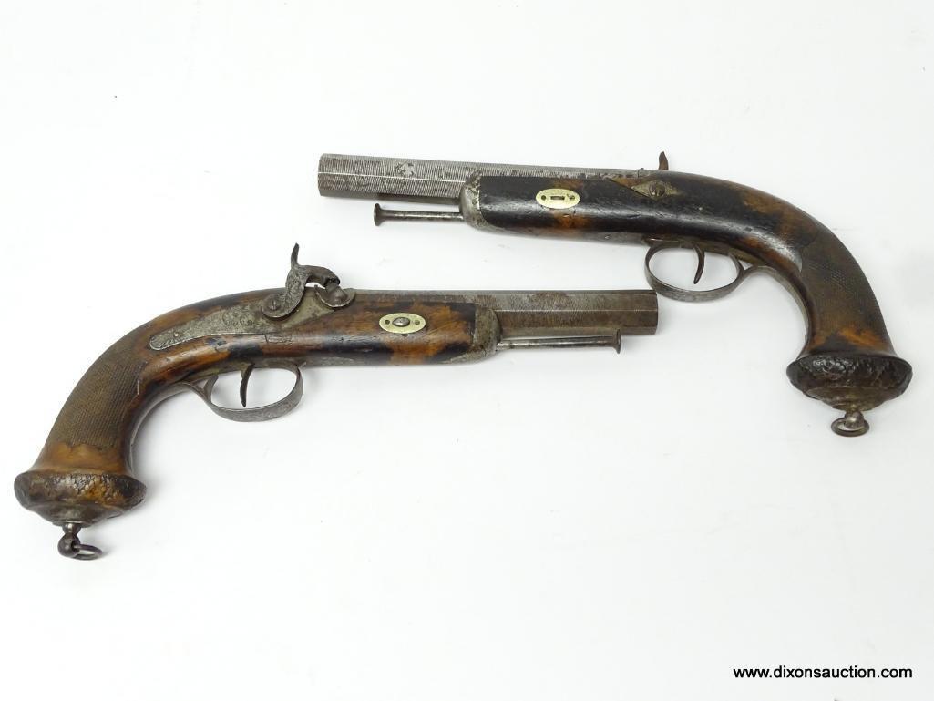 (SC) MATCHED PAIR OF PERCUSSION DUELING PISTOLS (BELGIAN). 12.5" LONG. OCTAGON BARREL. CHECKERED