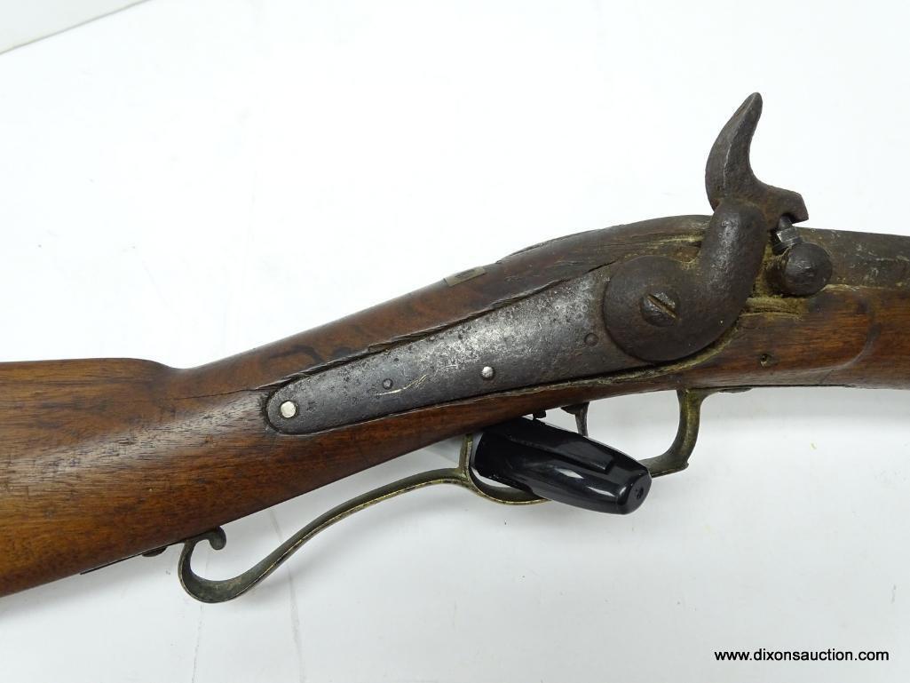 (SC) PERCUSSION LONG RIFLE. CONVERSION FROM FLINTLOCK. 43.25" LONG. .45 CAL. BRASS BUTT PLATE AND