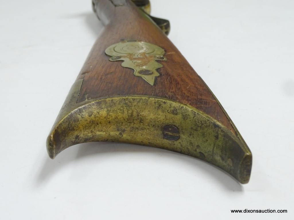 (SC) PERCUSSION LONG RIFLE. CONVERSION FROM FLINTLOCK. 43.25" LONG. .45 CAL. BRASS BUTT PLATE AND