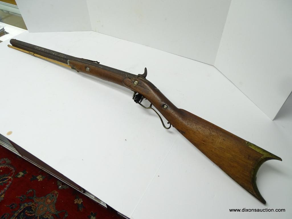 (SC) PERCUSSION LONG RIFLE. CONVERSION FROM FLINTLOCK. 43.25" LONG. .45 CAL. BRASS BUTT PLATE AND