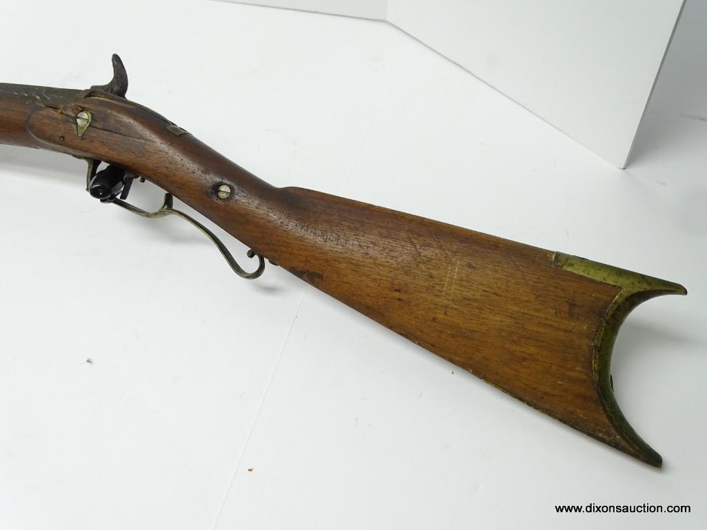 (SC) PERCUSSION LONG RIFLE. CONVERSION FROM FLINTLOCK. 43.25" LONG. .45 CAL. BRASS BUTT PLATE AND