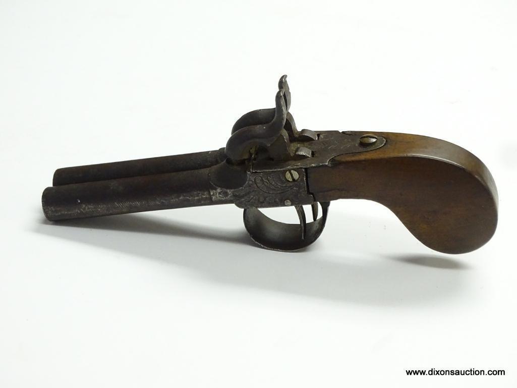 (SC) .32 CAL. DOUBLE BARREL PISTOL WITH RABBIT EAR HAMMERS. PERCUSSION CAP. FLORAL ENGRAVING ON THE