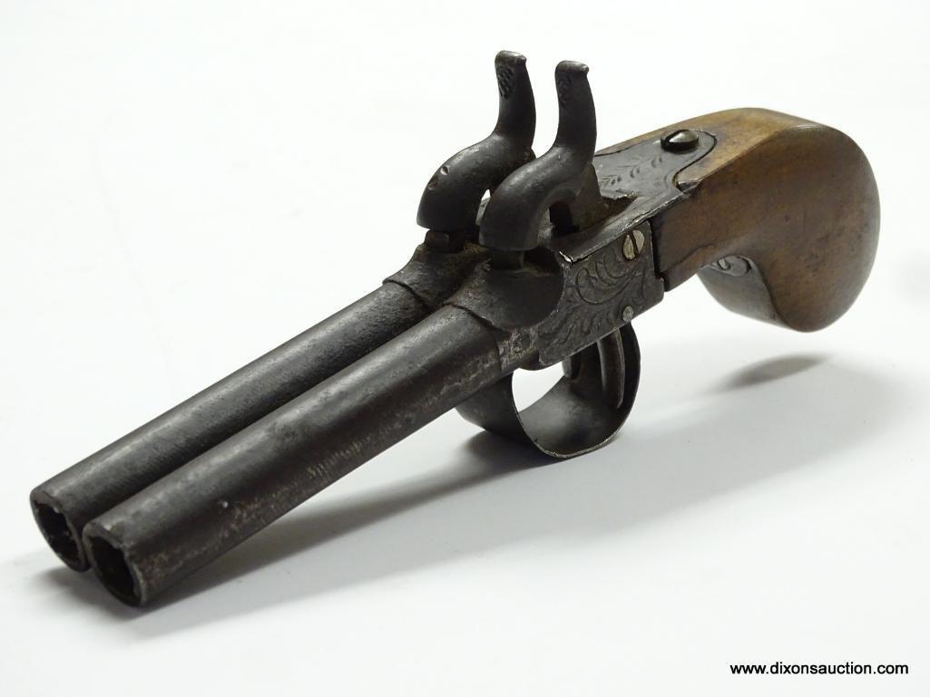 (SC) .32 CAL. DOUBLE BARREL PISTOL WITH RABBIT EAR HAMMERS. PERCUSSION CAP. FLORAL ENGRAVING ON THE