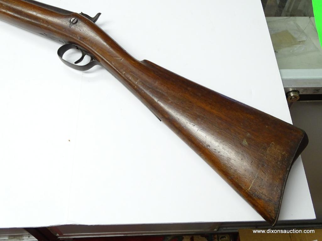 (SC) PERCUSSION CAP RIFLE. 56" LONG. .69 CAL. EXPOSED RAMROD. CUT DOWN FOREARM STOCK. NO