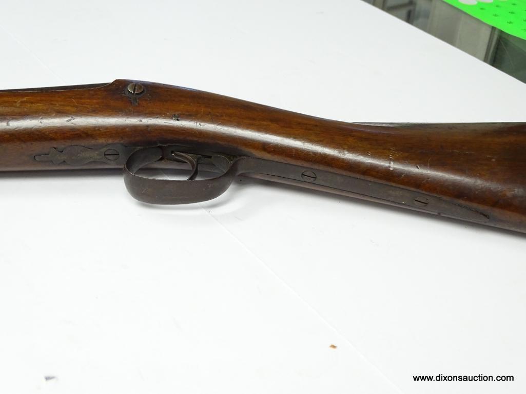 (SC) PERCUSSION CAP RIFLE. 56" LONG. .69 CAL. EXPOSED RAMROD. CUT DOWN FOREARM STOCK. NO