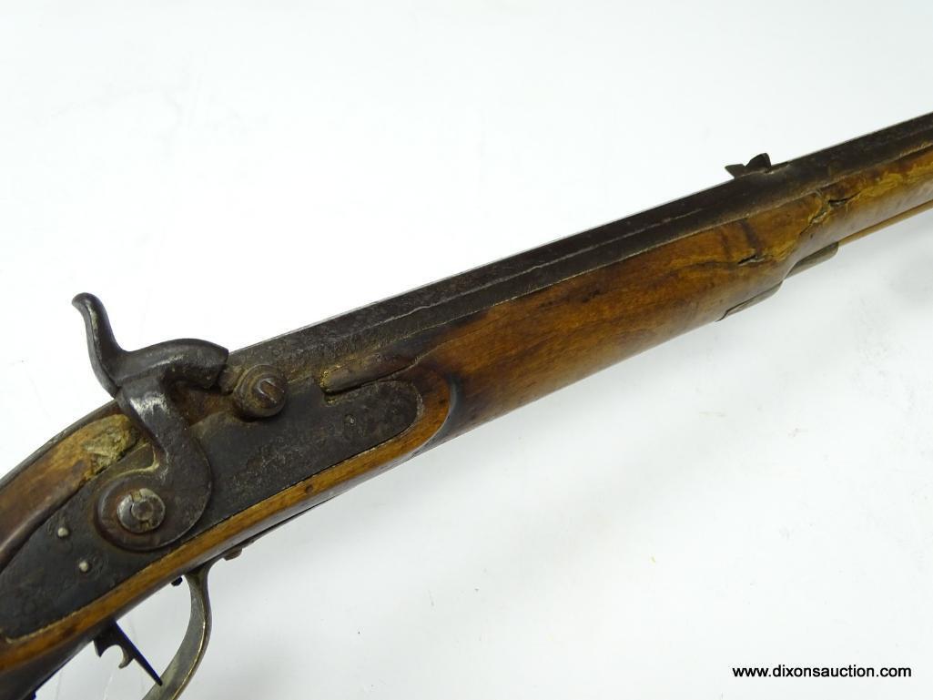 (SC) KENTUCKY LONG RIFLE. CONVERTED FROM A FLINTLOCK TO PERCUSSION CAP. FANCY BRASS BUTT PLATE WITH