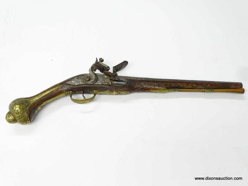 (SC) FLINTLOCK PISTOL HEAVILY ENGRAVED. 19" LONG. .58 CAL. BRASS HARDWARE ON HANDLE, TRIGGER