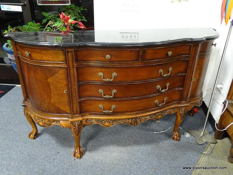 (A1) VERY NICE CONTEMPORARY MAHOGANY WITH BLACK MARBLE TOP BALL AND CLAW SIDE BOARD. SERPENTINE