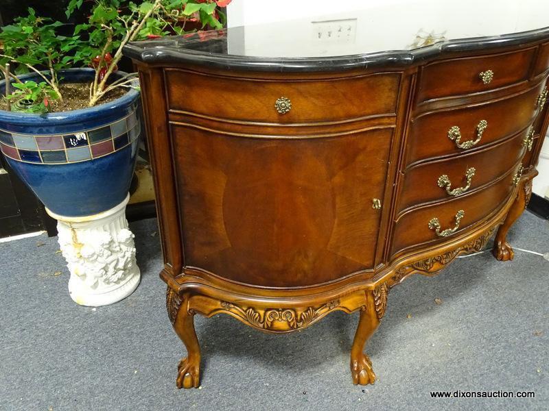 (A1) VERY NICE CONTEMPORARY MAHOGANY WITH BLACK MARBLE TOP BALL AND CLAW SIDE BOARD. SERPENTINE