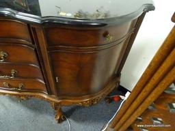 (A1) VERY NICE CONTEMPORARY MAHOGANY WITH BLACK MARBLE TOP BALL AND CLAW SIDE BOARD. SERPENTINE