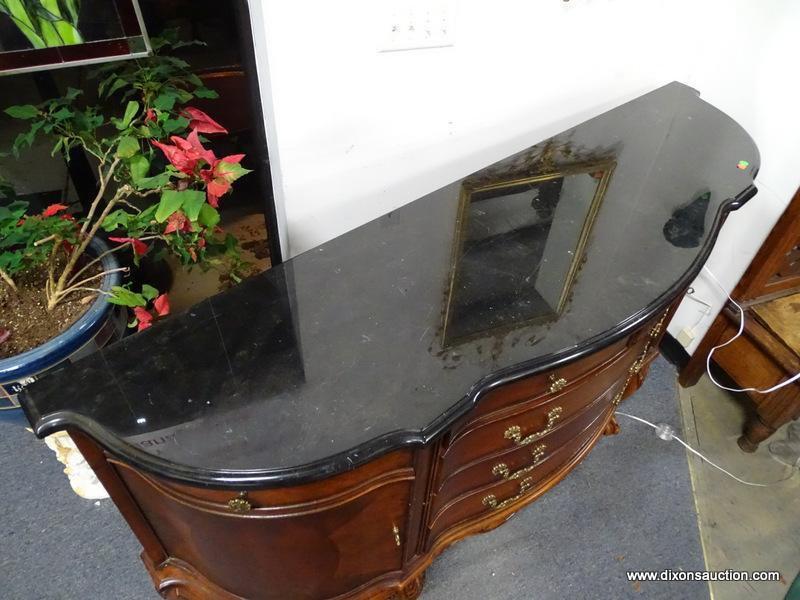 (A1) VERY NICE CONTEMPORARY MAHOGANY WITH BLACK MARBLE TOP BALL AND CLAW SIDE BOARD. SERPENTINE