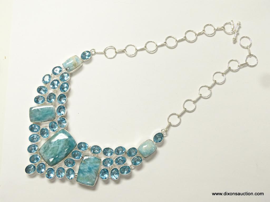 .925 STERLING SILVER STAMPED 18'' SPECTACULAR DESIGNER AAA CARIBBEAN LARIMAR AND OVAL BLUE FACETED