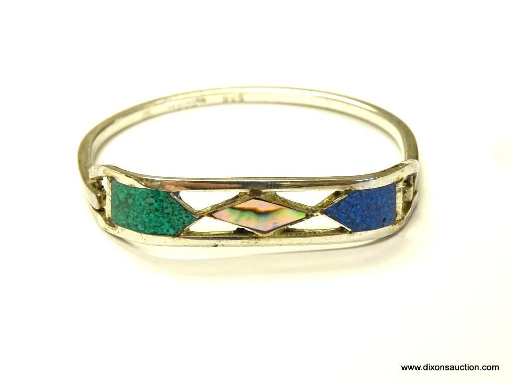 .925 BLUE LAPIS, TURQUOISE, AND ABALONE BRACELET.