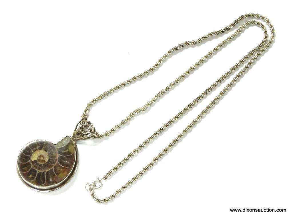 .925 STERLING SILVER NECKLACE WITH PREHISTORIC NAUTILUS SHELL FOSSIL PENDANT CUSTOM SET IN STERLING