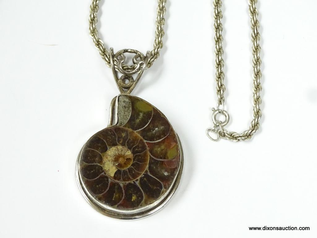 .925 STERLING SILVER NECKLACE WITH PREHISTORIC NAUTILUS SHELL FOSSIL PENDANT CUSTOM SET IN STERLING