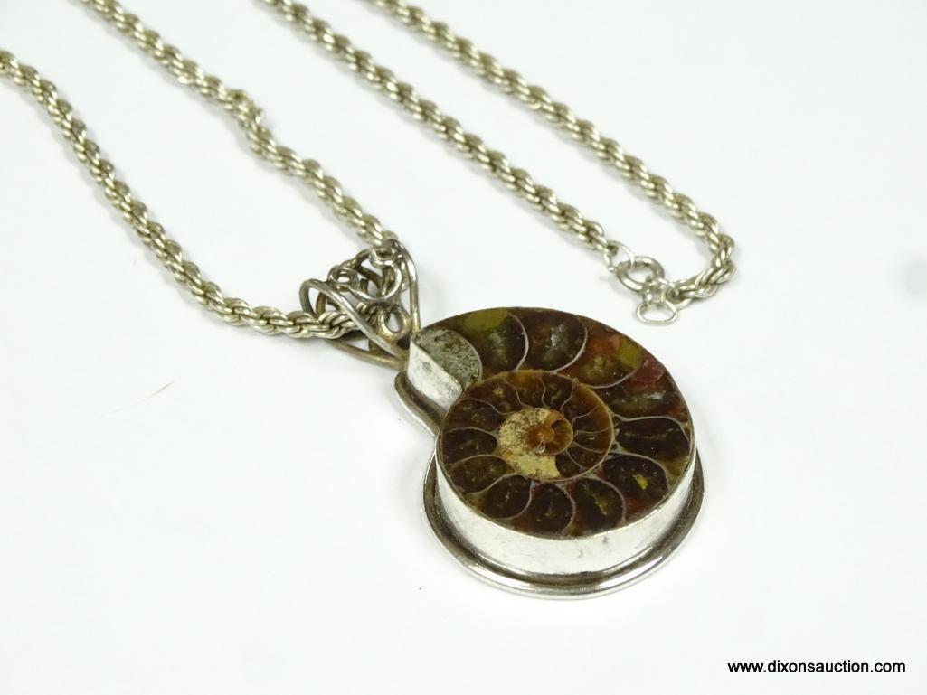 .925 STERLING SILVER NECKLACE WITH PREHISTORIC NAUTILUS SHELL FOSSIL PENDANT CUSTOM SET IN STERLING