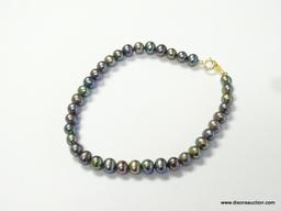 14K AND BLUE IRIDESCENT PEARL NECKLACE WITH MATCHING 14K AND BLUE IRIDESCENT PEARL BRACELET
