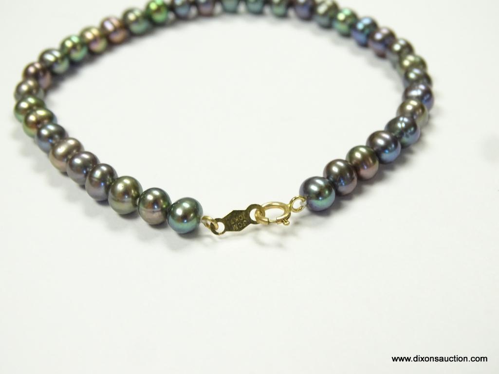 14K AND BLUE IRIDESCENT PEARL NECKLACE WITH MATCHING 14K AND BLUE IRIDESCENT PEARL BRACELET