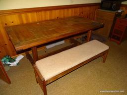 (KIT) LARGE PINE KITCHEN TABLE, CROSS STRETCHER BASE, 35.75''W 72''L 30''H W/ ONE MATCHING BENCH,