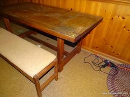 (KIT) LARGE PINE KITCHEN TABLE, CROSS STRETCHER BASE, 35.75''W 72''L 30''H W/ ONE MATCHING BENCH,